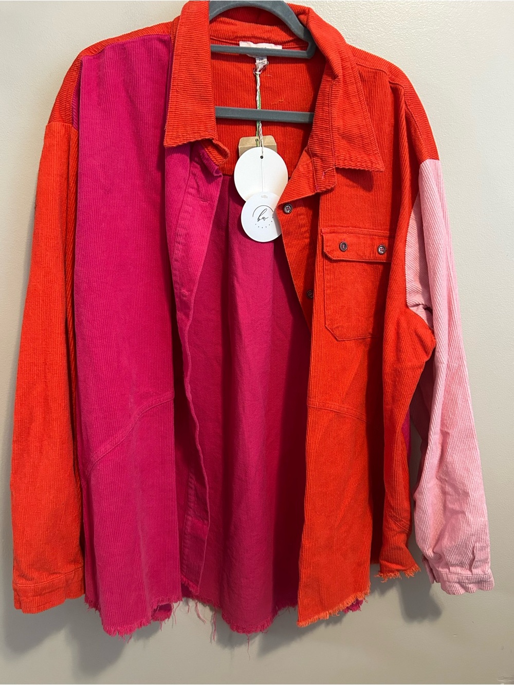 NEW Umgee Colorblock Corduroy Shacket Women 2XL Orange Pink Fray Raw Hem Jacket